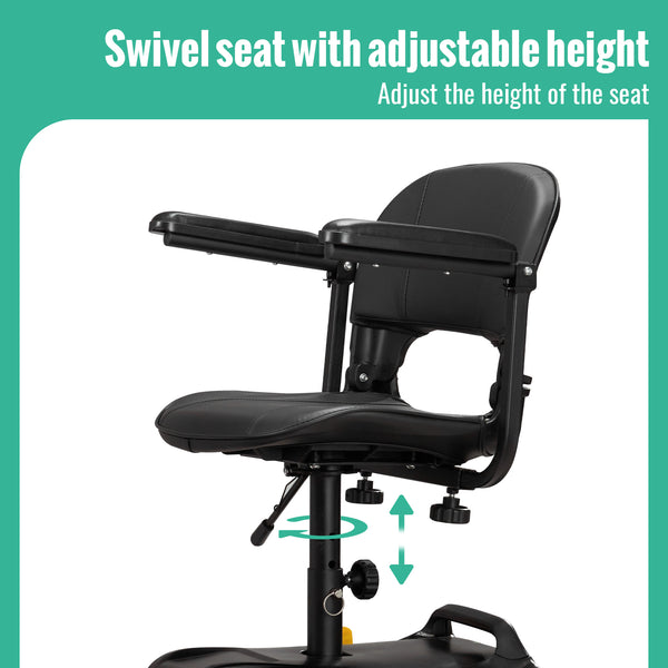 4-wheeled mobility scooter for adults and seniors with extended battery, double basket, swivel seat