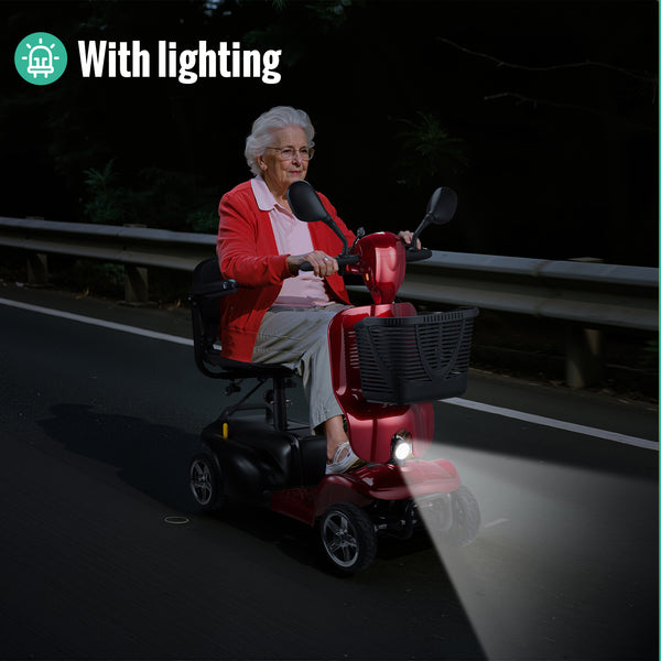 4-wheeled mobility scooter for adults and seniors with extended battery, double basket, swivel seat