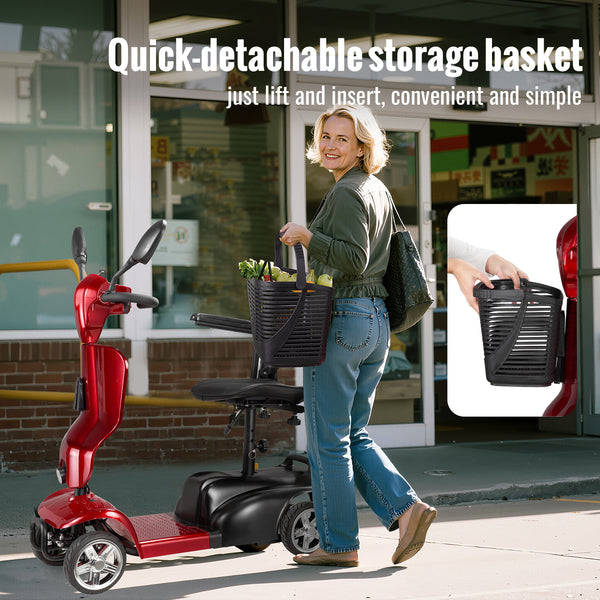 4-wheeled mobility scooter for adults and seniors with extended battery, double basket, swivel seat