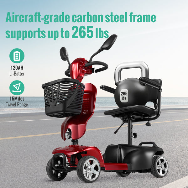 4-wheeled mobility scooter for adults and seniors with extended battery, double basket, swivel seat