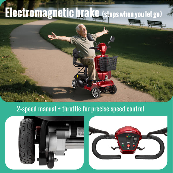 4-wheeled mobility scooter for adults and seniors with extended battery, double basket, swivel seat