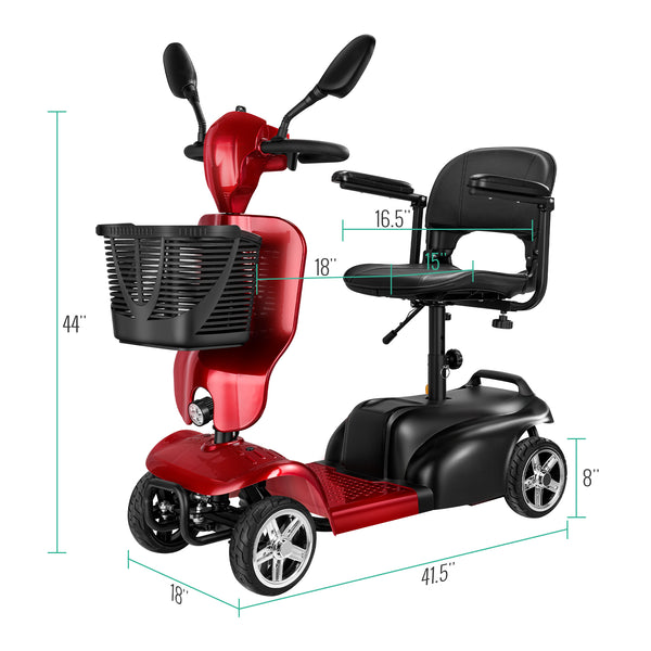 4-wheeled mobility scooter for adults and seniors with extended battery, double basket, swivel seat