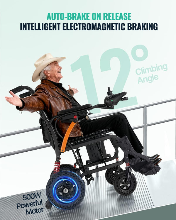 Electric Wheelchair with LED Light, Lightweight Foldable Electric Wheelchair for Seniors, Portable Motorized Wheel Chair, 250W*2 Motors 330LBS Capacity 12-15 Mile,Removable Battery Flip-Back Armrests