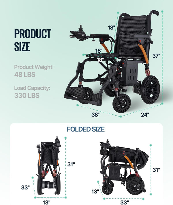 Electric Wheelchair with LED Light, Lightweight Foldable Electric Wheelchair for Seniors, Portable Motorized Wheel Chair, 250W*2 Motors 330LBS Capacity 12-15 Mile,Removable Battery Flip-Back Armrests