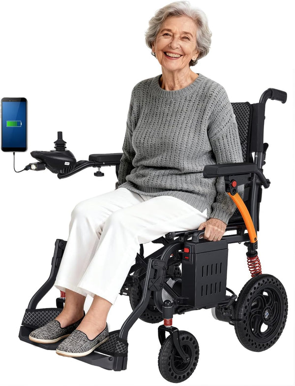 Electric Wheelchair with LED Light, Lightweight Foldable Electric Wheelchair for Seniors, Portable Motorized Wheel Chair, 250W*2 Motors 330LBS Capacity 12-15 Mile,Removable Battery Flip-Back Armrests