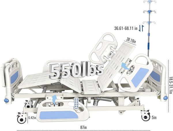 Premium 5 Function Full Electric Hospital Bed for Home Use, ICU Electric Medical Bed with Trendelenburg & Reverse Trendelenburg, Quiet Brushless Motor, Foam Mattress, IV Pole, Dining Table