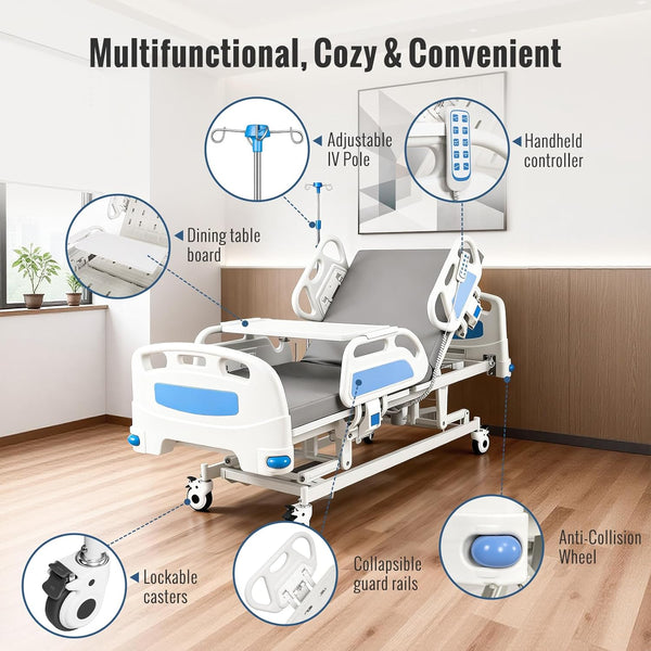 Premium 5 Function Full Electric Hospital Bed for Home Use, ICU Electric Medical Bed with Trendelenburg & Reverse Trendelenburg, Quiet Brushless Motor, Foam Mattress, IV Pole, Dining Table