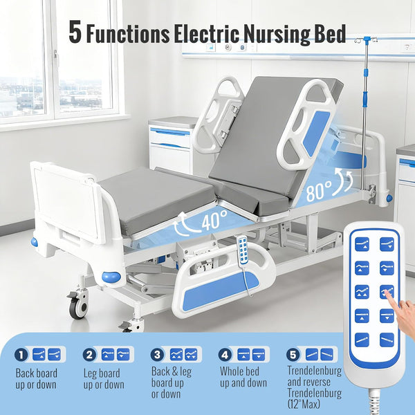 Premium 5 Function Full Electric Hospital Bed for Home Use, ICU Electric Medical Bed with Trendelenburg & Reverse Trendelenburg, Quiet Brushless Motor, Foam Mattress, IV Pole, Dining Table