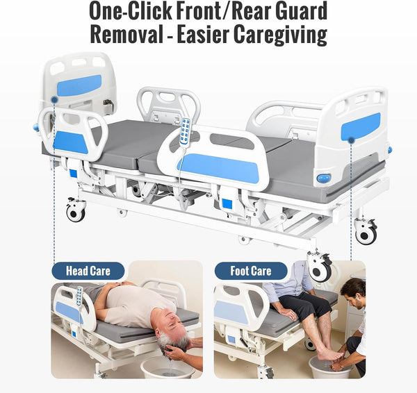 Premium 5 Function Full Electric Hospital Bed for Home Use, ICU Electric Medical Bed with Trendelenburg & Reverse Trendelenburg, Quiet Brushless Motor, Foam Mattress, IV Pole, Dining Table