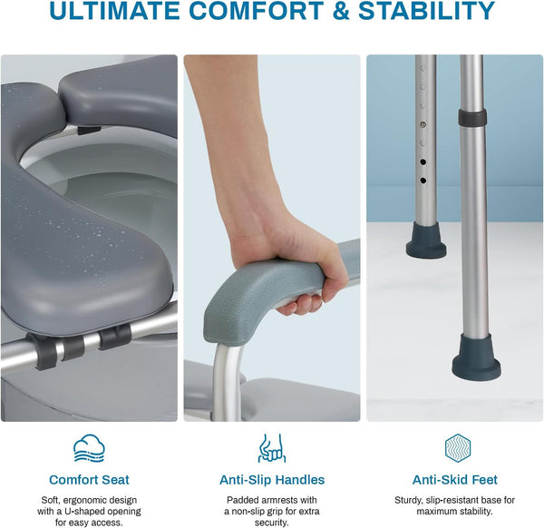 Raised toilet seat with armrests - Adjustable height and width toilet seat raiser to fit any toilet