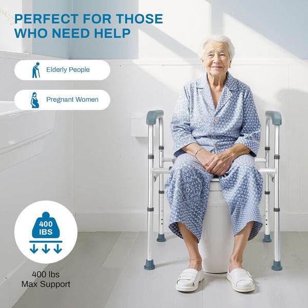 Raised toilet seat with armrests - Adjustable height and width toilet seat raiser to fit any toilet