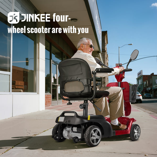 4-wheeled mobility scooter for adults and seniors with extended battery, double basket, swivel seat
