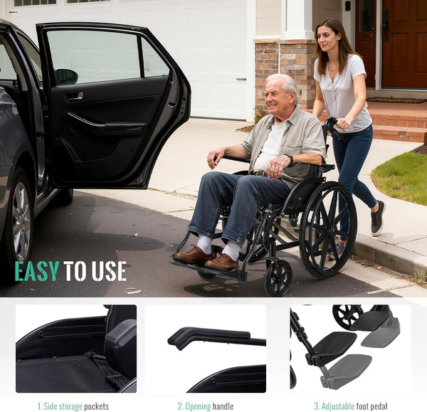 Wheelchair for Adults, Flip-up Armrest, Adjustable Removable Swing-up Footrests, 18" Seat, Dual Brake System, Storage Bag, Transport Wheelchair Lightweight Foldable -Black