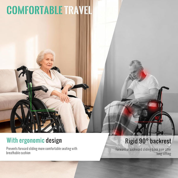 Wheelchair for Adults, Flip-up Armrest, Adjustable Removable Swing-up Footrests, 18" Seat, Dual Brake System, Storage Bag, Transport Wheelchair Lightweight Foldable -Black