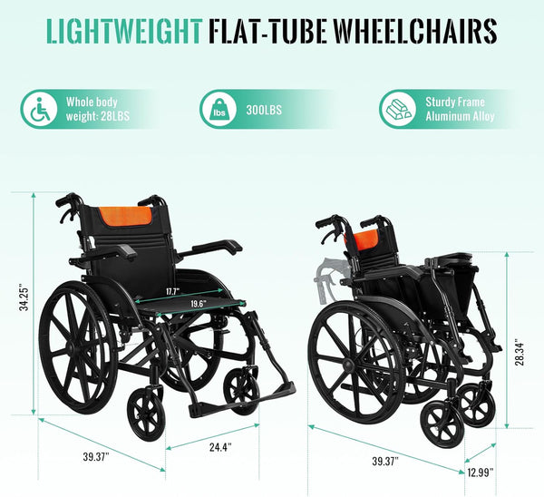 Wheelchair for Adults, Flip-up Armrest, Adjustable Removable Swing-up Footrests, 18" Seat, Dual Brake System, Storage Bag, Transport Wheelchair Lightweight Foldable -Black