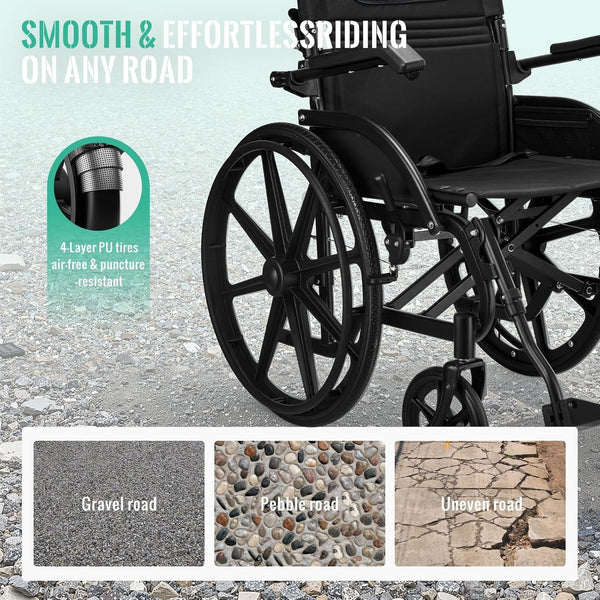 Wheelchair for Adults, Flip-up Armrest, Adjustable Removable Swing-up Footrests, 18" Seat, Dual Brake System, Storage Bag, Transport Wheelchair Lightweight Foldable -Black