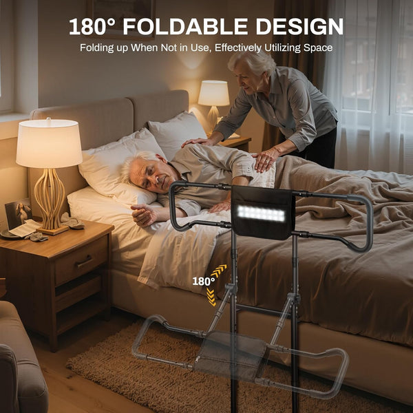 Elderly Bed Guardrail, Safety Handrail armrests with Motion Sensor Light - Adjustable Height Bed Assist Rail