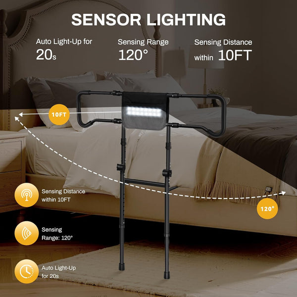 Elderly Bed Guardrail, Safety Handrail armrests with Motion Sensor Light - Adjustable Height Bed Assist Rail