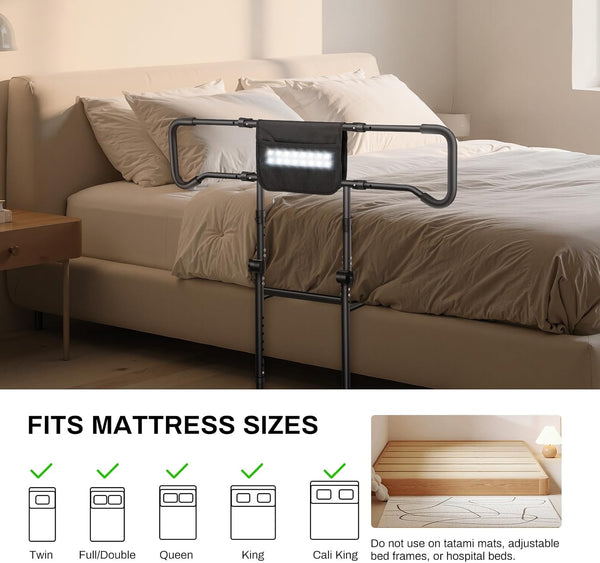 Elderly Bed Guardrail, Safety Handrail armrests with Motion Sensor Light - Adjustable Height Bed Assist Rail