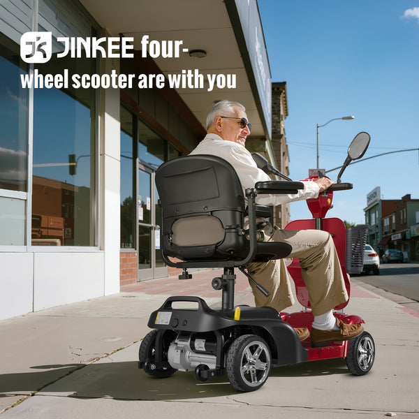 4-wheeled mobility scooter for adults and seniors with extended battery, double basket, swivel seat