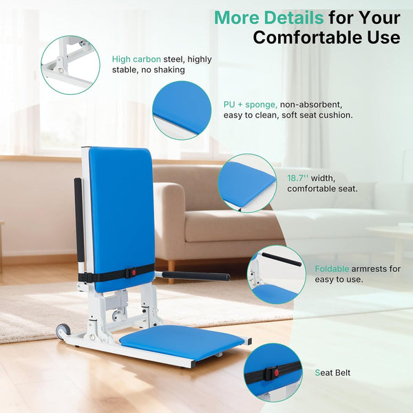 Electric Lift Chair with Mobile Wheels, Floor Lift Assistance, 18.7 Inch Large Seat, Comfortable PU Cushion, Flip-up Armrest, Foldable Compact Chair Lift for Elderly