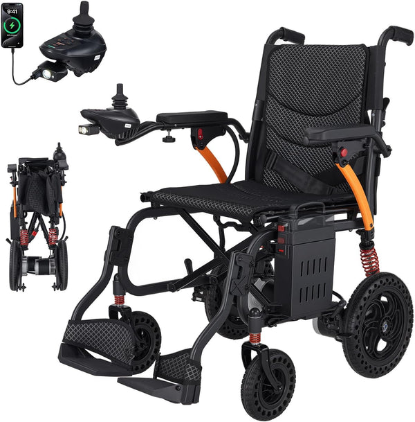 Electric Wheelchair with LED Light, Lightweight Foldable Electric Wheelchair for Seniors, Portable Motorized Wheel Chair, 250W*2 Motors 330LBS Capacity 12-15 Mile,Removable Battery Flip-Back Armrests