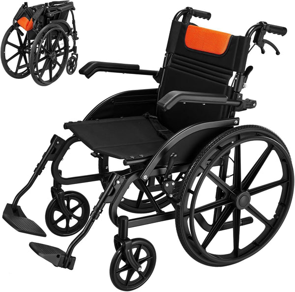 Wheelchair for Adults, Flip-up Armrest, Adjustable Removable Swing-up Footrests, 18" Seat, Dual Brake System, Storage Bag, Transport Wheelchair Lightweight Foldable -Black