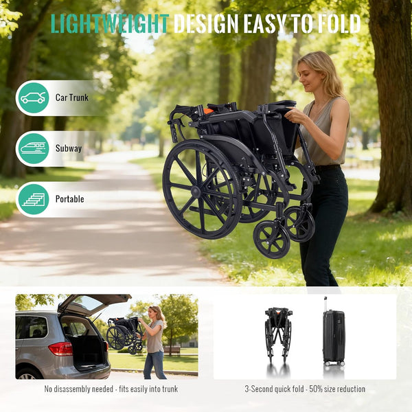 Wheelchair for Adults, Flip-up Armrest, Adjustable Removable Swing-up Footrests, 18" Seat, Dual Brake System, Storage Bag, Transport Wheelchair Lightweight Foldable -Black