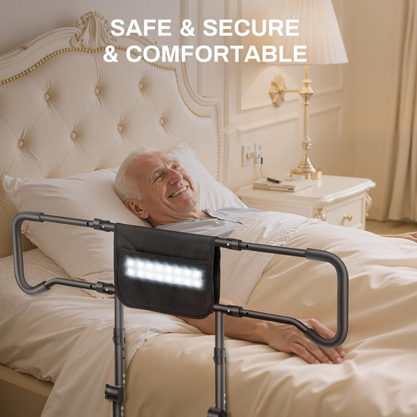 Elderly Bed Guardrail, Safety Handrail armrests with Motion Sensor Light - Adjustable Height Bed Assist Rail